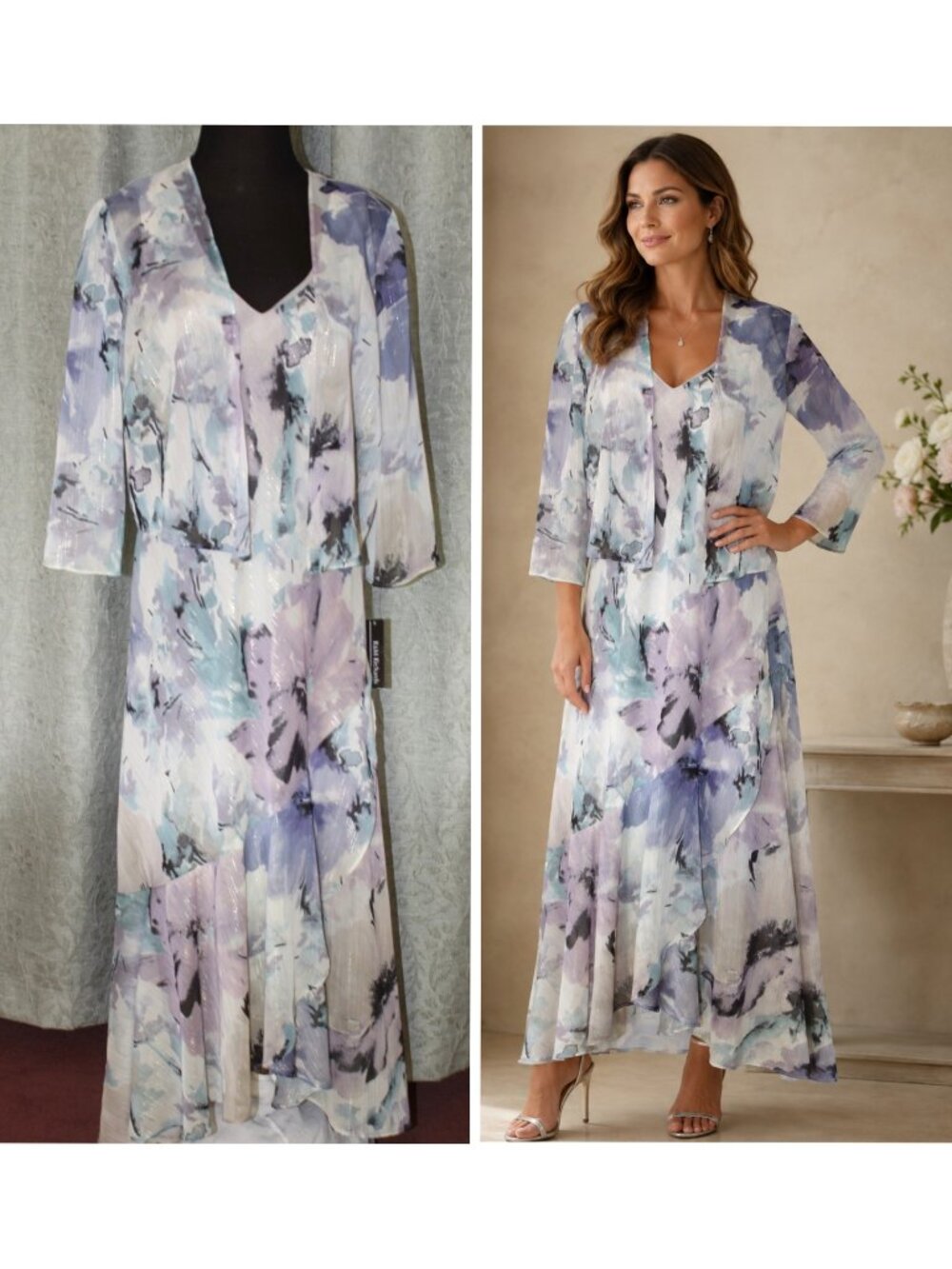 R&M Richards Wrap Two Pieces Maxi Dress Size 8 Floral Print Blue Lavender New